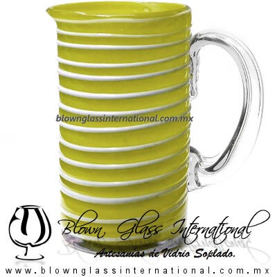Jarra Cilíndrica Espiral Blanco color Opalino Sólido Amarillo, Artesan{ias de Vidrio Soplado - Blown Glass Pitchar jar for water handmade