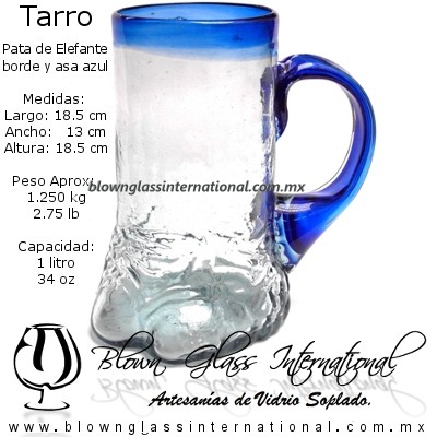 45-0001-5-1057-0000 Tarro Pata de Elefante borde y asa de color azul Cobalto, Artesanías de Vidrio Soplado - Blown Glass elephant Jar of beer, Handmade
