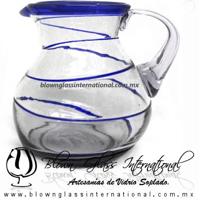 Jarra Bola Espiral Abierto Borde de Color Azul Cobalto, Artesanias de Vidrio Soplado - Blown Glass Pitchar Jar Handmade