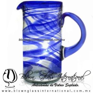 Jarra Cilíndrica Borde Hilo Jalado y Asa Color Azul Cobalto, Artesanías de Vidrio Soplado - Blown Glass Pitchar jar Handmade