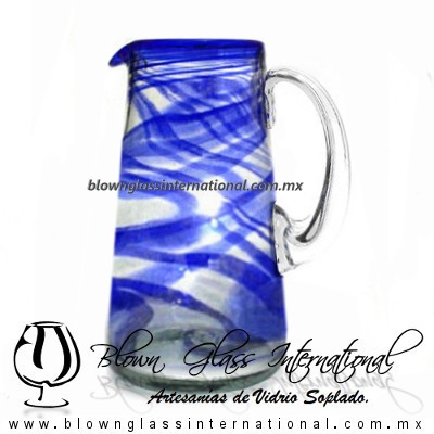 Jarra Lechera Borde e Hilo Jalado de Color Azul Cobalto, Asa Cristal, Artesanías de Vidrio Soplado - Blown Glass Pitchar Jar of Milk Handmade Jarra Lechera Borde e Hilo Jalado de Color Azul Cobalto, Asa Cristal, Artesanías de Vidrio Soplado - Blown Glass Pitchar Jar of Milk Handmade