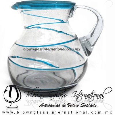 Jarra Bola Espiral Abierto Borde de Color Azul Aguamarina, Artesanias de Vidrio Soplado - Blown Glass Pitchar Jar Handmade
