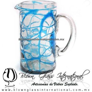 Jarra Cilíndrica Telaraña de color Azul Aguamarina, Asa Cristal, Blown Glass Pitchar Jar Handmade