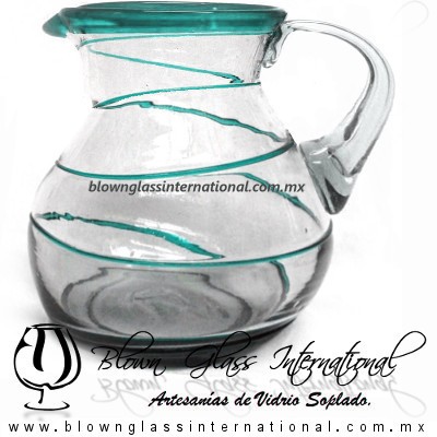 Jarra Bola Espiral Abierto Borde de Color Azul Teal (Turquesa), Artesanias de Vidrio Soplado - Blown Glass Pitchar Jar Handmade