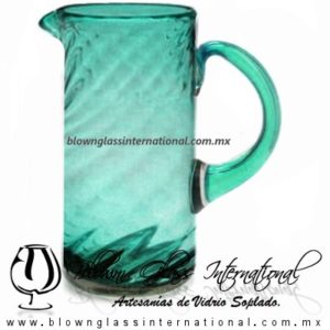 Jarra Cilíndrica Torneado Sólido y Asa de Color Azul Teal (Turquesa), Artesanías de Vidrio Soplado - Blown Glass Pitcher for Water Jar, Handmade