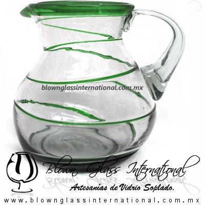 Jarra Bola Espiral Abierto Borde de Color Verde Jade, Artesanias de Vidrio Soplado - Blown Glass Pitchar Jar Handmade