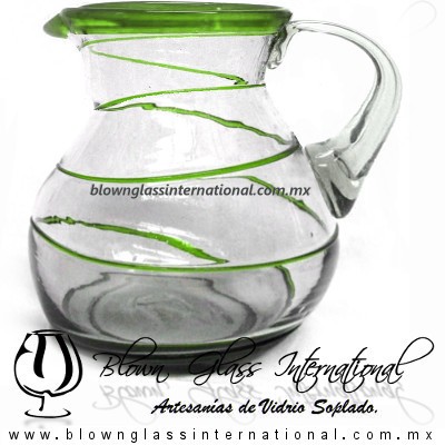 Jarra Bola Espiral Abierto Borde de Color Verde Lima, Artesanias de Vidrio Soplado - Blown Glass Pitchar Jar Handmade