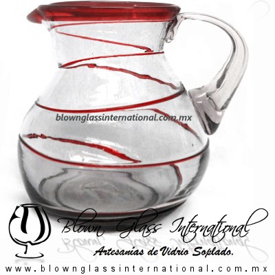 Jarra Bola Espiral Abierto Borde de Color Rojo, Artesanias de Vidrio Soplado - Blown Glass Pitchar Jar Handmade