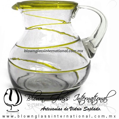 Jarra Bola Espiral Abierto Borde de Color Amarillo, Artesanias de Vidrio Soplado - Blown Glass Pitchar Jar Handmade