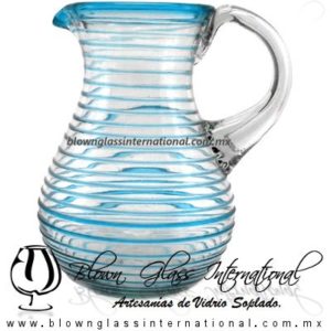 Jarra Pera Borde y Espiral de Color Azul Aguamarina, Asa Cristal, Artesanías de Vidrio Soplado - Blown Glass Pitchar glass of water handmade