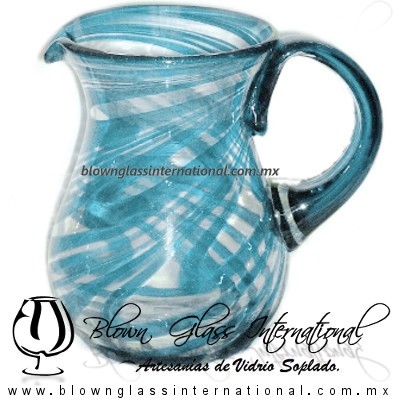 Jarra Pera Borde e Hilo Jalado y Asa de Color Azul Aguamarina, Artesanías de Vidrio Soplado - Blown Glass Pitchar Jar of Water handmade