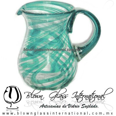 Jarra Pera Borde e Hilo Jalado y Asa de Color Azul Teal (Turquesa), Artesanías de Vidrio Soplado - Blown Glass Pitchar Jar of Water handmade