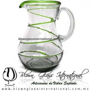 Jarra Pera Borde y Espiral Abierto de Color Verde Lima, Asa Cristal, Artesanías de Vidrio Soplado, Blown Glass Pitchar Glass of Water handmade
