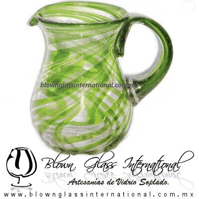 Jarra Pera Borde e Hilo Jalado y Asa de Color Verde Lima, Artesanías de Vidrio Soplado - Blown Glass Pitchar Jar of Water handmade