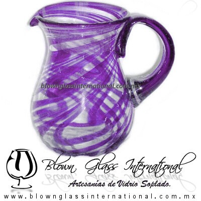 Jarra Pera Borde e Hilo Jalado y Asa de Color Morado, Artesanías de Vidrio Soplado - Blown Glass Pitchar Jar of Water handmade