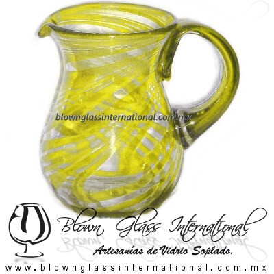 Jarra Pera Borde e Hilo Jalado y Asa de Color Amarillo, Artesanías de Vidrio Soplado - Blown Glass Pitchar Jar of Water handmade