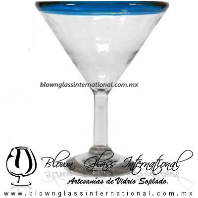 Copa Martini borde de color Artesanal, de Vidrio Soplado, Borde Azul Aguamarina - Martini Glass Cup, Handmade Copa Martini borde de color Artesanal, de Vidrio Soplado, Borde Azul Aguamarina - Martini Glass Cup, Handmade