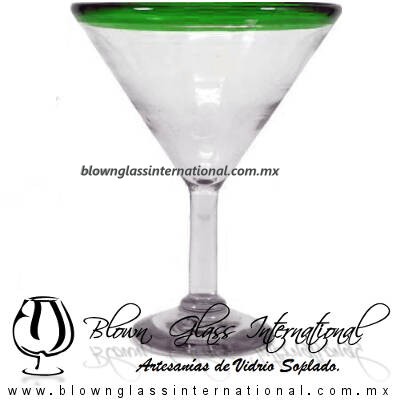 Copa Martini borde de color Artesanal, de Vidrio Soplado, Borde Verde Jade - Martini Glass Cup, Handmade Copa Martini borde de color Artesanal, de Vidrio Soplado, Borde Verde Jade - Martini Glass Cup, Handmade