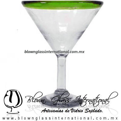 Copa Martini borde de color Artesanal, de Vidrio Soplado, Borde Verde Lima - Martini Glass Cup, Handmade Copa Martini borde de color Artesanal, de Vidrio Soplado, Borde Verde Lima - Martini Glass Cup, Handmade