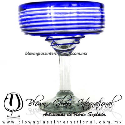 Copa Margarita Yulin Borde y Espiral de Color Azul Cobalto, (pie cristal), Artesanías de Vidrio Soplado - Blown Glass Margarita Cup Handmade