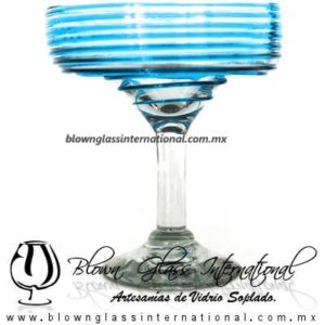 Copa Margarita Yulin Espiral de Color Aguamarina, (pie cristal), Artesanías de Vidrio Soplado - Blown Glass Margarita Cup Handmade