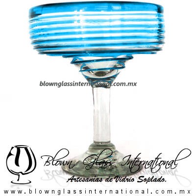 Copa Margarita Yulin Borde y Espiral de Color Aguamarina, (pie cristal), Artesanías de Vidrio Soplado - Blown Glass Margarita Cup Handmade