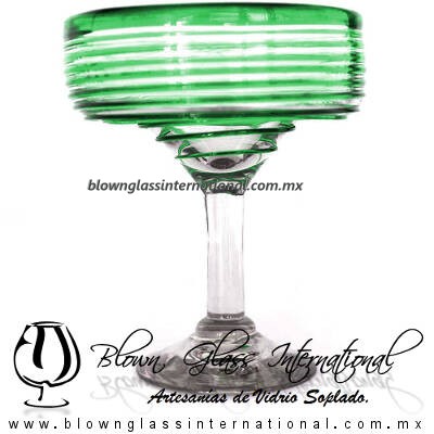 Copa Margarita Yulin Borde y Espiral de Color Verde Jade, (pie cristal), Artesanías de Vidrio Soplado - Blown Glass Margarita Cup Handmade