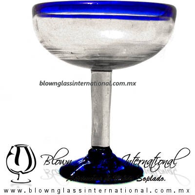 Copa Margarita Media Naranja Borde y pie de color Azul Cobalto, Cobalt Blue, Artesanías de Vidrio Soplado - Blown Glass Factory store cup water glass Handmade