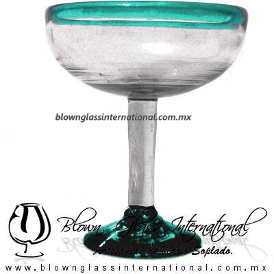 Copa Margarita Media Naranja Borde y pie de color Azul Turquesa, Teal Blue, Artesanías de Vidrio Soplado - Blown Glass Factory store cup water glass Handmade