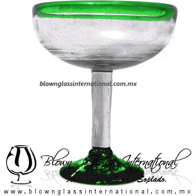 Copa Margarita Media Naranja Borde y pie de color Verde Jade, Dark Green, Artesanías de Vidrio Soplado - Blown Glass Factory store cup water glass Handmade