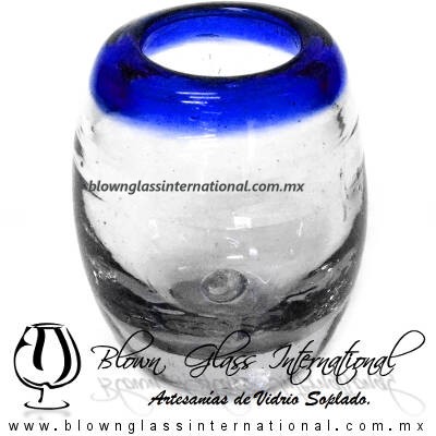 Tequilero Shot Barril Borde de Color Azul Cobalto, Cobalt Blue, Artesanías de Vidrio Soplado, Fabrica de Vidrio - Blown Glass Factory Store Tequila Shot Drunk Handmade