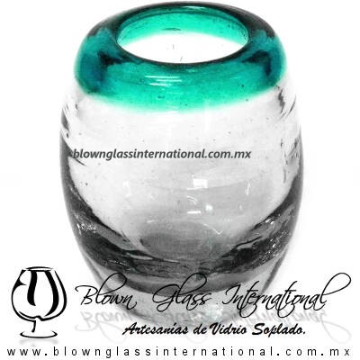 Tequilero Shot Barril Borde de Color Azul Turquesa, Teal Blue, Artesanías de Vidrio Soplado, Fabrica de Vidrio - Blown Glass Factory Store Tequila Shot Drunk Handmade