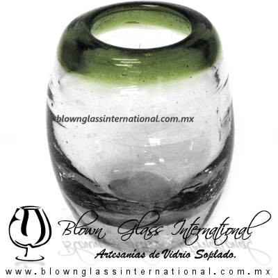Tequilero Shot Barril Borde de Color Verde Olivo, Olive Green, Artesanías de Vidrio Soplado, Fabrica de Vidrio - Blown Glass Factory Store Tequila Shot Drunk Handmade