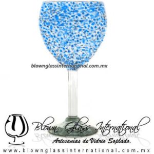 Copa Vino Granizado de color Azul Aguamarina, Fábrica de Vidrio Soplado Artesanal, made in México - Blown Glass Factory Store Tonala, Handcraft, Handmade.