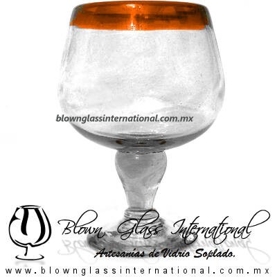 Copa Chabela Borde de color Naranja, Fábrica de Vidrio Soplado Artesanal, made in México - Blown Glass Factory Store Tonala, Handcraft, Handmade.