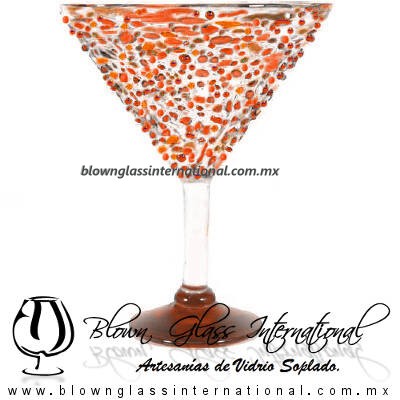 Copa Martini Granizado y Pie de Color Naranja, Orange, Artesanías de Vidrio Soplado - Blown Glass Copa Martini Granizado y Pie de Color Naranja, Orange, Artesanías de Vidrio Soplado - Blown Glass