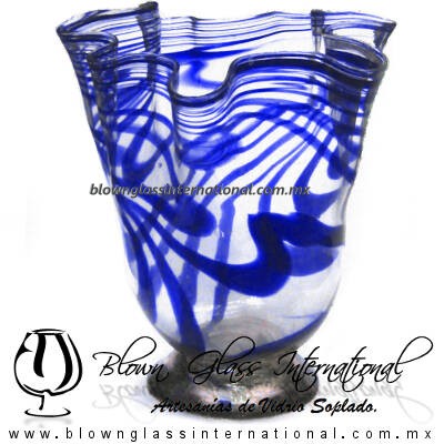 Florero lechuga con Pie e hilo jalado de Color Azul Cobalto, Fabrica de vidrio Soplado Artesanal - Blown Glass Factory Store, Handcraft