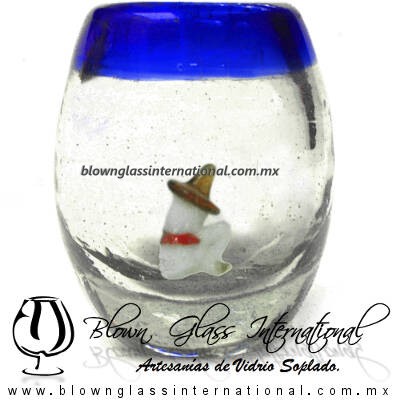 Tequilero barril con Rancherito y Borde de color, Fábrica de Vidrio Soplado Artesanal, made in México - Blown Glass Factory Store Tonala, Handcraft, Handmade.