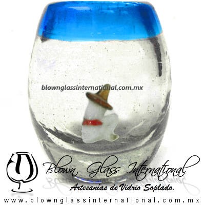 Tequilero barril con Rancherito y Borde de color, Fábrica de Vidrio Soplado Artesanal, made in México - Blown Glass Factory Store Tonala, Handcraft, Handmade.