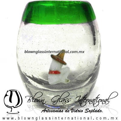 Tequilero barril con Rancherito y Borde de color, Fábrica de Vidrio Soplado Artesanal, made in México - Blown Glass Factory Store Tonala, Handcraft, Handmade.