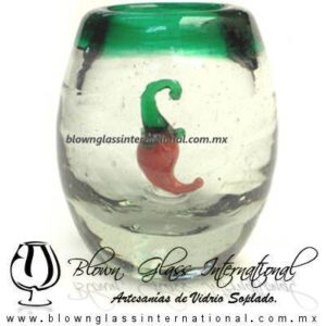 Tequilero barril con Chile y Borde de color, Fábrica de Vidrio Soplado Artesanal, made in México - Blown Glass Factory Store Tonala, Handcraft, Handmade.