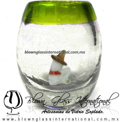Tequilero barril con Rancherito y Borde de color, Fábrica de Vidrio Soplado Artesanal, made in México - Blown Glass Factory Store Tonala, Handcraft, Handmade.