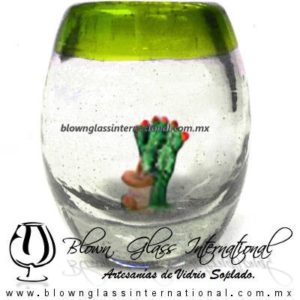 Tequilero Barril con Nopal-Rancherito y Borde de Color Verde Lima. Fábrica de Vidrio Soplado Artesanal, made in México - Blown Glass Factory Store Tonala, Handcraft, Handmade.