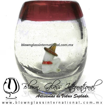Tequilero barril con Rancherito y Borde de color, Fábrica de Vidrio Soplado Artesanal, made in México - Blown Glass Factory Store Tonala, Handcraft, Handmade.