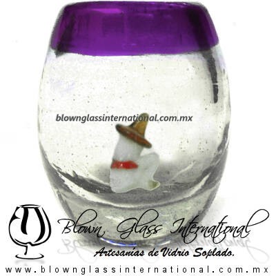 Tequilero barril con Rancherito y Borde de color, Fábrica de Vidrio Soplado Artesanal, made in México - Blown Glass Factory Store Tonala, Handcraft, Handmade.