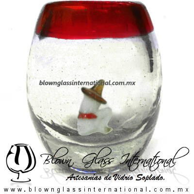 Tequilero barril con Rancherito y Borde de color, Fábrica de Vidrio Soplado Artesanal, made in México - Blown Glass Factory Store Tonala, Handcraft, Handmade.