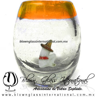 Tequilero barril con Rancherito y Borde de color, Fábrica de Vidrio Soplado Artesanal, made in México - Blown Glass Factory Store Tonala, Handcraft, Handmade.