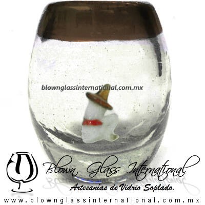 Tequilero barril con Rancherito y Borde de color, Fábrica de Vidrio Soplado Artesanal, made in México - Blown Glass Factory Store Tonala, Handcraft, Handmade.