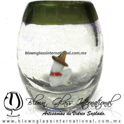 Tequilero barril con Rancherito y Borde de color, Fábrica de Vidrio Soplado Artesanal, made in México - Blown Glass Factory Store Tonala, Handcraft, Handmade.