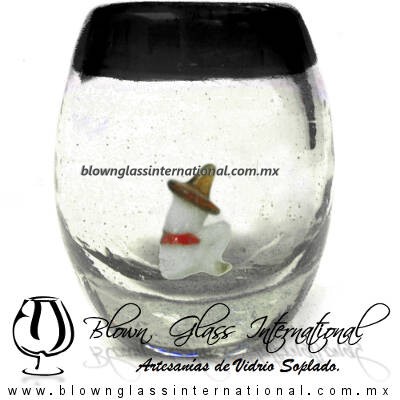 Tequilero barril con Rancherito y Borde de color, Fábrica de Vidrio Soplado Artesanal, made in México - Blown Glass Factory Store Tonala, Handcraft, Handmade.